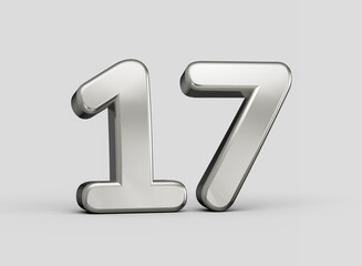 Bold metallic number 17 with reflective surface and smooth minimal design, 3d illustration