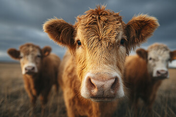 Close up of brown cattle with wet fur standing in grass field under cloudy sky, showing curious expression and natural farm environment with two other cows blurred in background