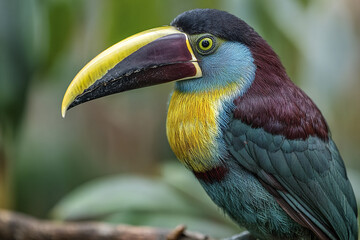 Obraz premium Colorful toucan bird with large yellow and black beak perched on branch in natural green rainforest environment