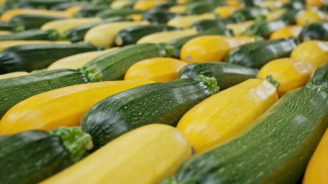 A slow, cinematic dolly shot moving across an organized pattern of fresh green and vibrant yellow zucchini creating a beautiful natural food background texture green, food, close-up