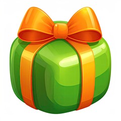 A bright green gift box tied with a vibrant orange ribbon and bow