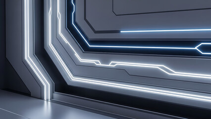 abstract background with glowing blue and white neon lines on dark grey geometric panels futuristic interior design clean and minimalist aesthetic with futuristic lighting effects digital art