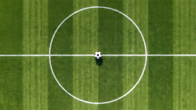 Vibrant green soccer field captured from a high-angle, top-down perspective, featuring a lone football precisely centered within the white circle, highlighting the perfectly maintained pitch lines