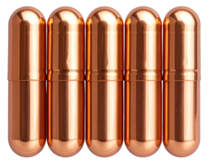  Píldoras Farmacéuticas Color Cobre Apiladas en Composición Vertical, Brillo Metálico, Aisladas en Fondo Transparente.jpg