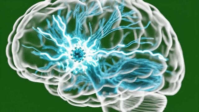 3D Hologram of West Nile Virus Attacking Brain on Green Screen Background Medical Visualization of Viral Infection and