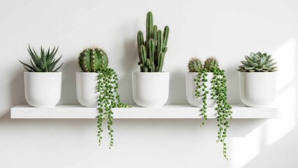 Modern Cactus Arrangement Featuring Trailing Succulents in White Pots on Wall Shelf