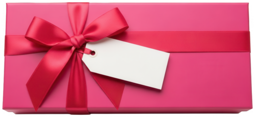 Vibrant pink wrapped present with wide red satin bow and rectangular white label