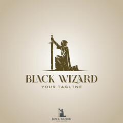 Dark Knight Wizard Logo with Sword Vector Illustration