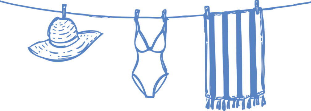Blue ink sketch of a sun hat, bikini, and striped towel drying on a clothesline with pegs beach summer