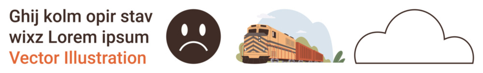 Emotional expression, transportation, conceptual ideas, cloud forms, digital elements, communication. A sad face, a moving train scene and a cloud shape. Emotional expression and transportation © robu_s