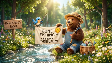 Cute Bear and Bird Gone Fishing Cartoon Illustration with a Wicker Basket Full of Fish in a Forest