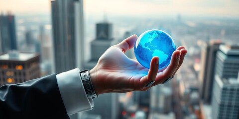 Human hand in suit sleeve touches glowing blue globe in robotic palm, blurred cityscape background,  integration,  sphere