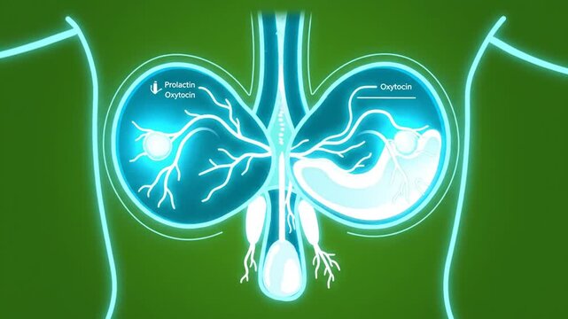 Animated Glowing Hologram Showing Lactation Mechanism of Female Anatomy with Prolactin Detail Isolated on Green Screen
