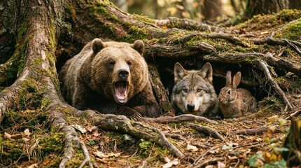 Unexpected forest friends: A brown bear, wolf and rabbit together in their den habitat