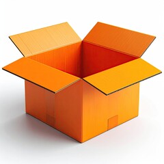 Open, bright orange cardboard box on a white background
