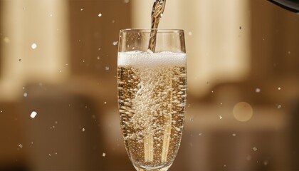 Elegant champagne pouring into a glass with bubbles, celebration and festive mood created for a