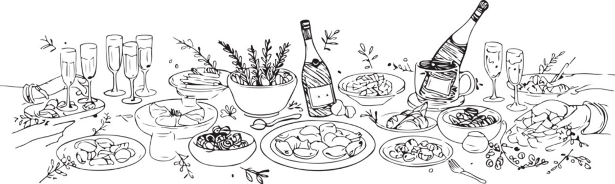 Hand-drawn black and white illustration of a banquet table laden with food and drinks vector