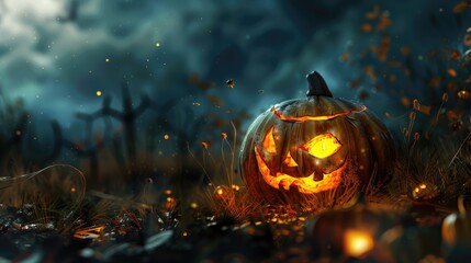 Obraz premium Pumpkins with a scary face on a gray background. Festive Halloween background.