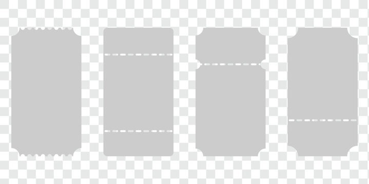Admit tickets mockups on white background. Ticket for festival, casino, cinema, circus, theater, club. Empty flat tickets templates. ticket mockups with ruffle edges . vector illustration.