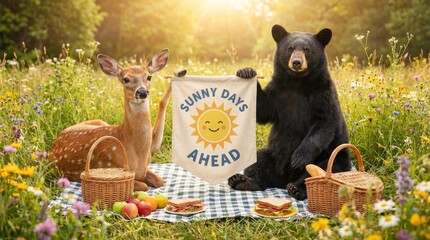 Delightful Picnic Scene with a Deer and Bear Enjoying Sunny Days Ahead in a Meadow