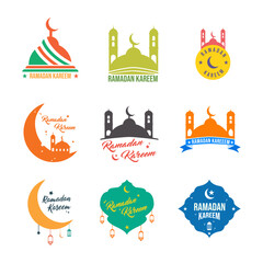 Set of Ramadan Kareem and Ramadan Mubarak Design. Flat Design Vector Template for Label, Sticker, Poster, Flyer, Banner. Islamic Mosque, Moon and Star Ornament