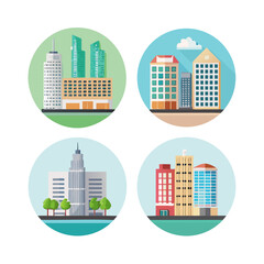 Building flat icons Set. City, Real estate, Architecture building vectors. City skyscraper, downtown. Apartment silhouette illustration isolated on transparent background. Modern and elegant styles.