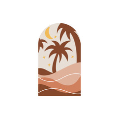 Ramadan Eid Mubarak post art with Boho arch. Modern Islamic pattern. Card with Arabian mosque towers and moon. Religious holiday. Night landscape