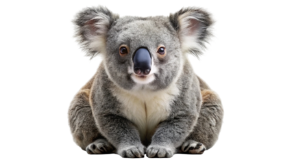An adorable koala sitting and looking at the camera in a studio setting
