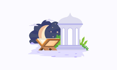 Al Quran Illustration with lantern and Moon, Ramadan kareem holy month, Reading and studying the Al-Quran. Vector illustration in a flat style