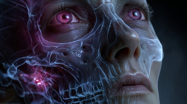 A woman with Graves' disease having enlarged thyroid gland and exophthalmos, 3D illustration.