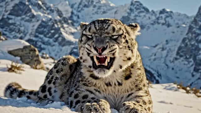 Majestic snow leopard resting and yawning in the snow with rugged mountain backdrop in winter landscape