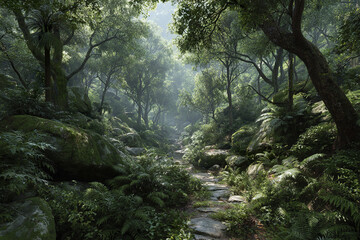 Obraz premium Lush green forest with dense vegetation and rocky path winding through tall trees and ferns, creating serene and peaceful natural atmosphere