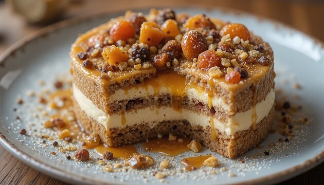 Tiramis&uacute; de pistacho con mascarpone y sirope de caramelo, primer plano gourmet, Rebanada de tiramis&uacute; artesanal con pistacho y topping de frutos secos y caramelo