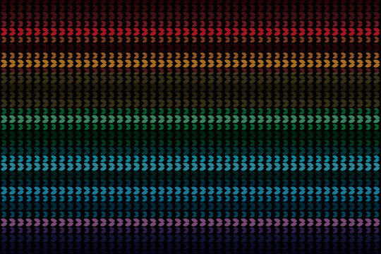 Prismatic loom, stylized rainbow knit pattern, seamless geometric pattern with colorful gradient stripes on dark background.