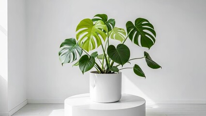 Healthy Monstera Deliciosa Plant in White Pot on Modern Round Stand for Interior Decor