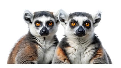 A pair of ring-tailed lemurs look curiously at the viewer with bright orange eyes