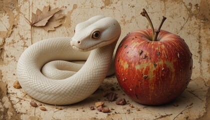 Serpiente Albina Blanca y Manzana Roja Mojada, S&iacute;mbolo de Tentaci&oacute;n y Pecado Original, Naturaleza Muerta de Lujo: El Fruto Prohibido, Representaci&oacute;n de la Dualidad y el Enga&ntilde;o