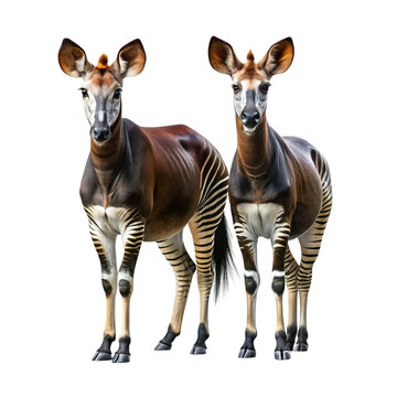 A pair of okapis, also known as the forest giraffe, with their striking striped legs
