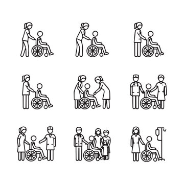 Healthcare professionals assisting patients in wheelchairs a set of line icons
