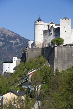 Hohensalzburg Fortress and funicular on hill in Salzburg Austria