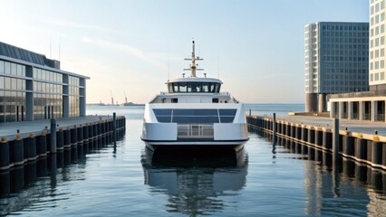 A sleek ferry docked at a modern pier, surrounded by calm waters and contemporary buildings under a clear sky.