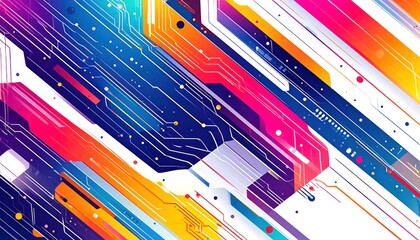 Colorful Abstract Circuit Board Design with Geometric Shapes.