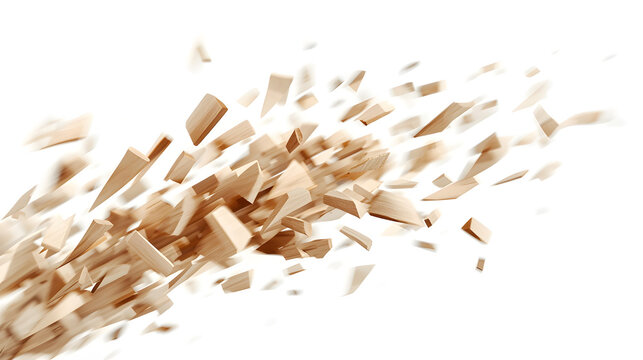 Exploding wood: An abstract representation of explosive energy with flying wooden shards that capture the concept of forceful fragmentation and kinetic motion.