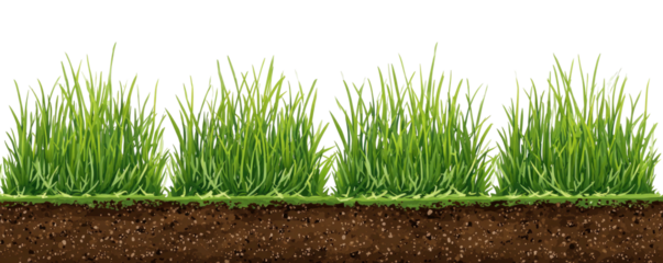 A vibrant, close-up depiction of a lush, green patch of grass sprouting from rich, brown soil