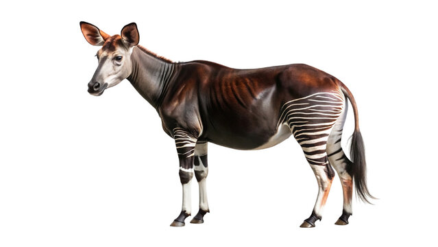 A majestic okapi stands prominently, showcasing its unique and striking pattern