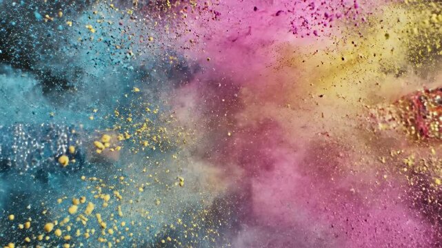 Ultra slow motion close-up of two intricately decorated wooden Dandiya sticks spinning and striking each other in a shower of vibrant color dust festive, rhythm, dynamic