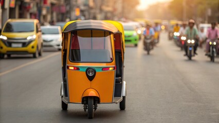 Obraz premium A vibrant yellow auto rickshaw drives through a bustling street filled with vehicles and pedestrians, capturing the essence of urban life.
