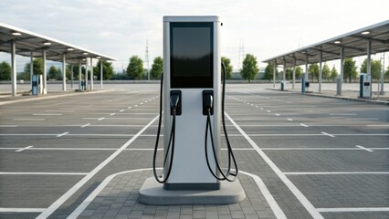 An electric vehicle charging station stands alone in an empty parking lot, surrounded by trees and under a clear sky.