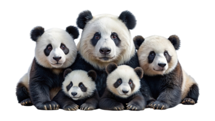 A heartwarming family portrait of five giant pandas, including one adult and four adorable cubs