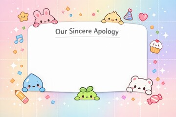 Colorful cute cartoon characters expressing heartfelt apologies in a whimsical design with playful elements capturing joyful emotions and a sense of sincerity